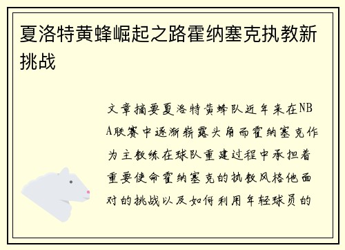 夏洛特黄蜂崛起之路霍纳塞克执教新挑战